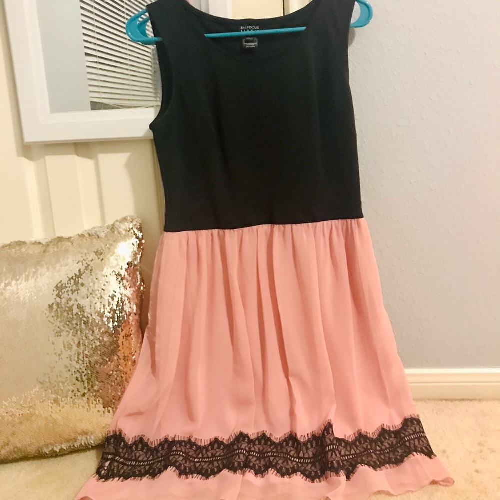 Black and Pink Tulle with Black Lace MIDI Dress